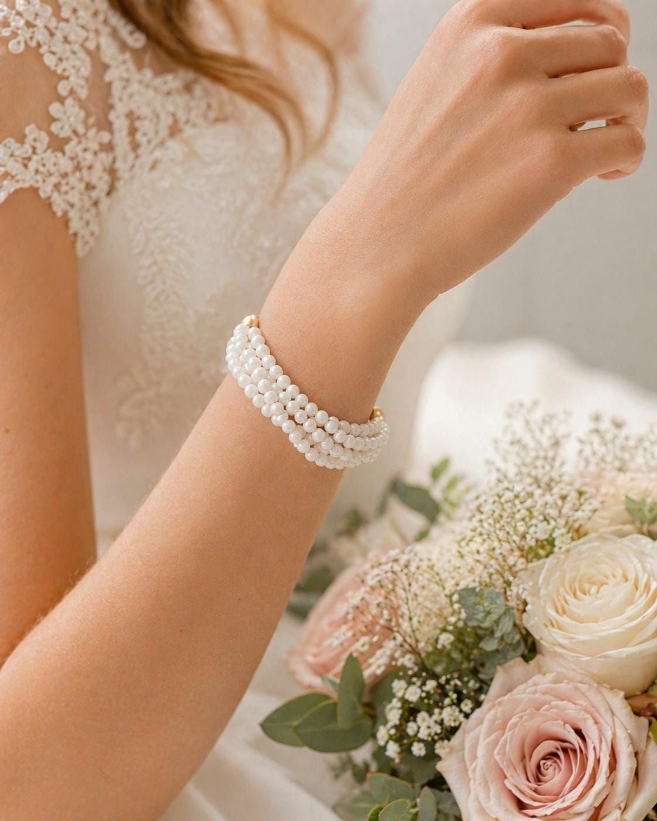 Napier White Beaded Multi Strand Bracelet Gold Tone Clasp Vintage 7”