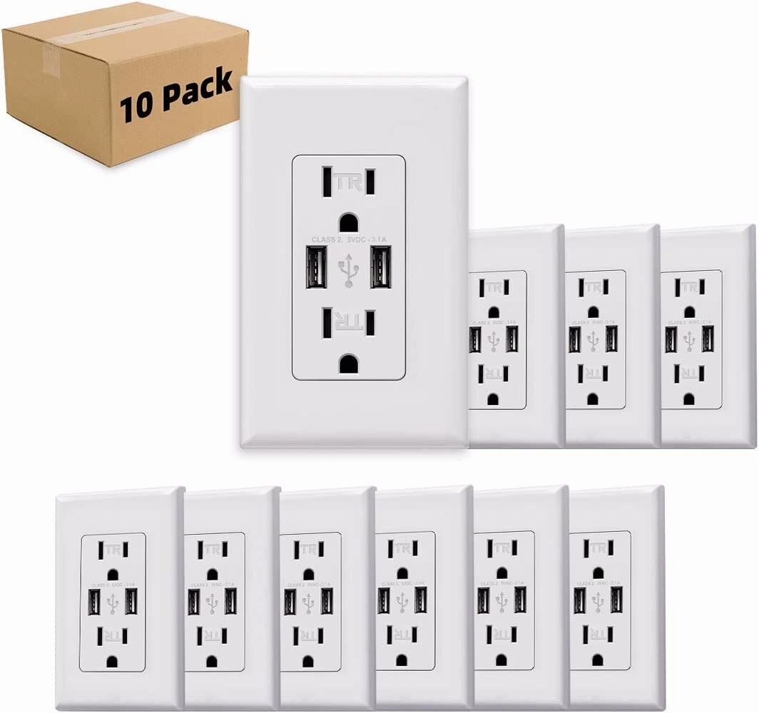 3.1 A USB Charger Wall Outlet Dual High Speed Receptacle 15-Amp, White 10Pack