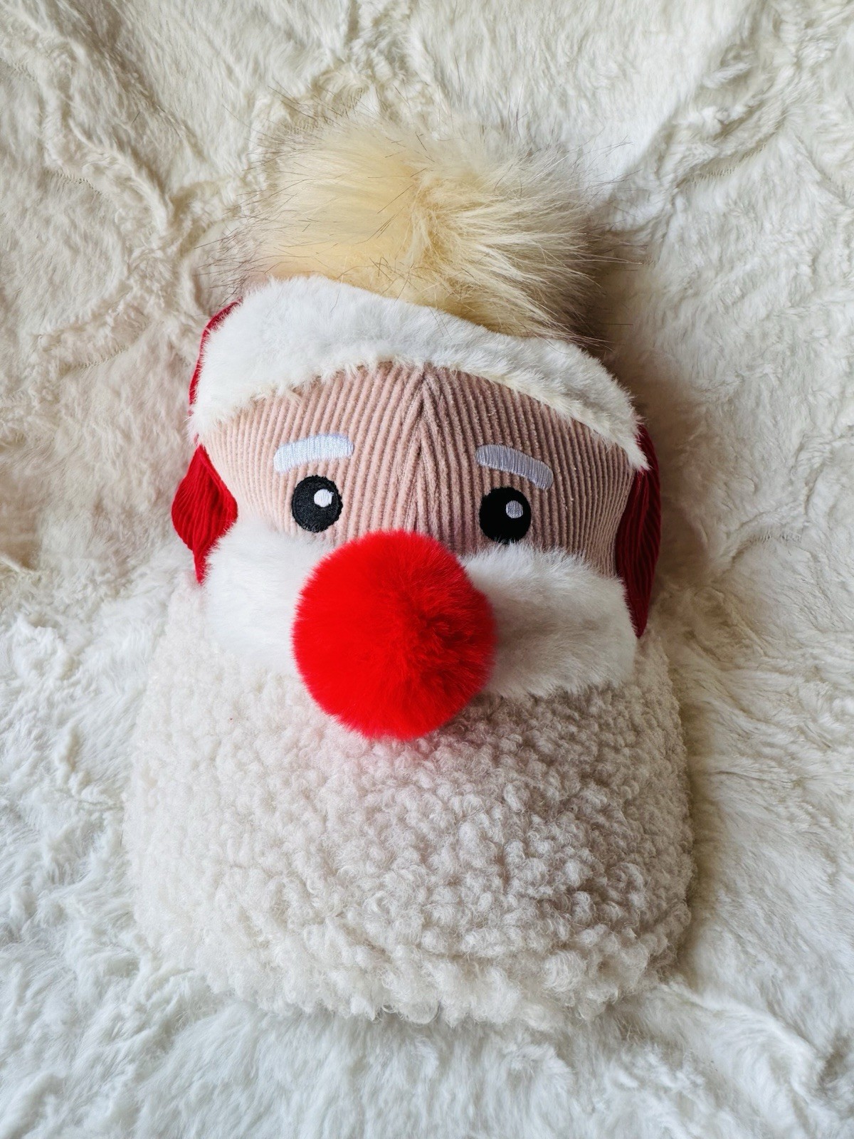 Holiday Time Santa Claus Face Sherpa Fleece Hat w/Pom Christmas Adjustable NWOT