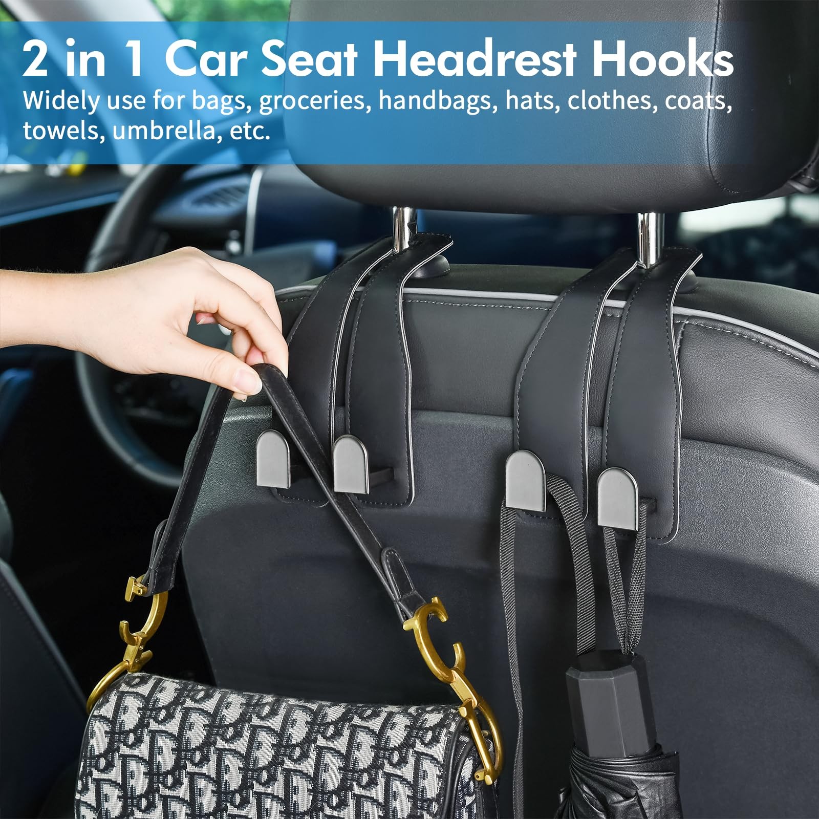 Car Hooks for Headrest, Leather Seat Back Storage Organizer Black-2 Pack