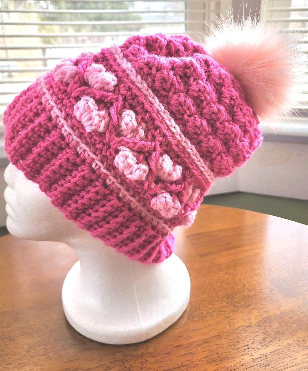 Crochet Handmade Pink Hearts Hat Beanie Faux Fur Removable Pom Pom Unisex Adult