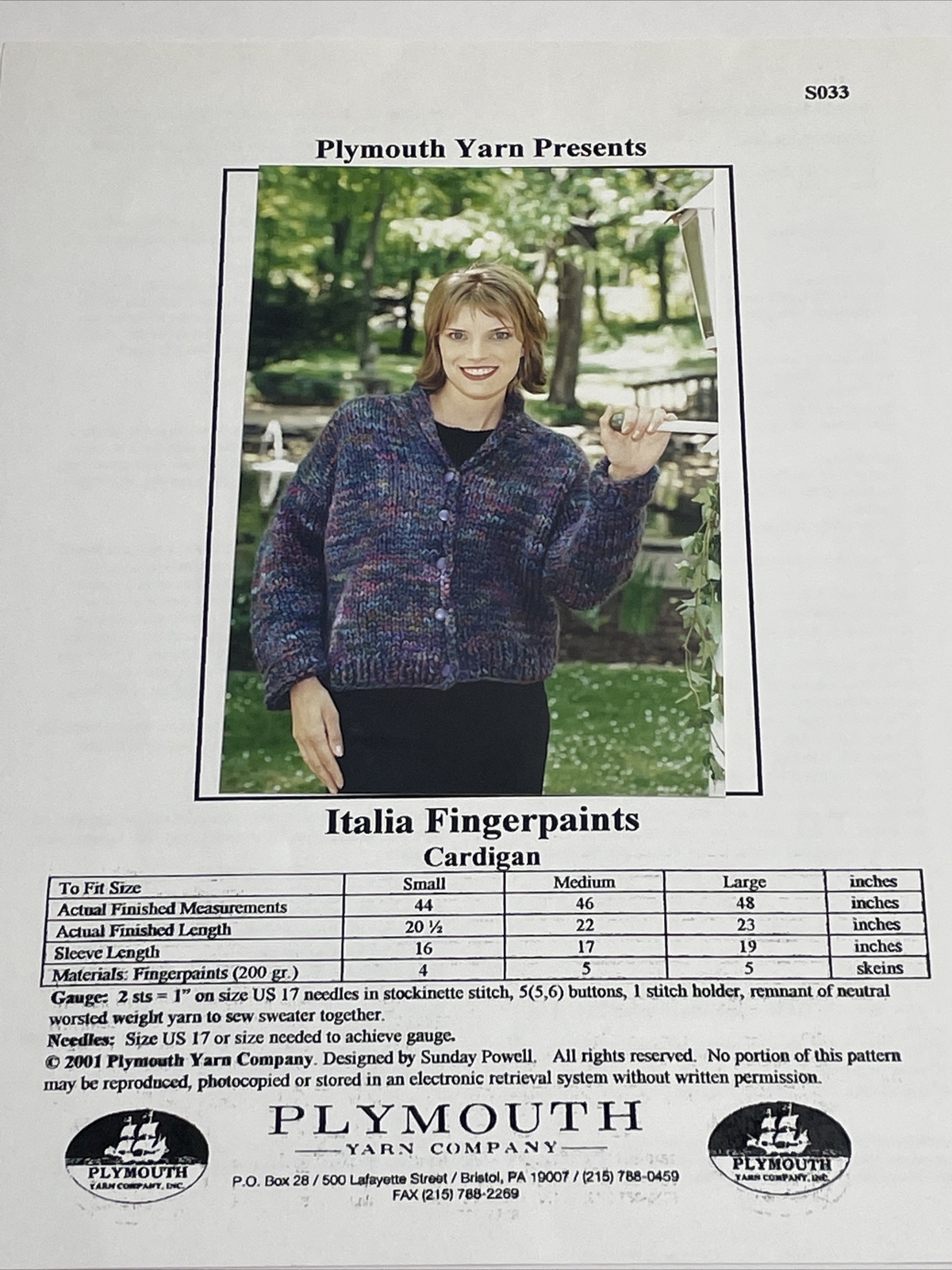 Plymouth Yarn Italia Fingerpaints Cardigan Knitting Pattern S033