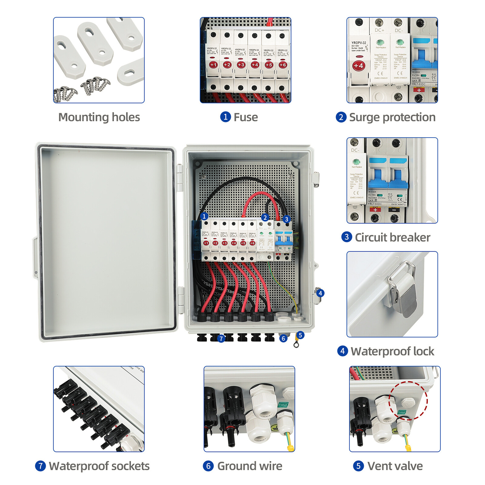 6-String Solar PV Combiner Box New 15A Circuit Breaker For Solar Panel System