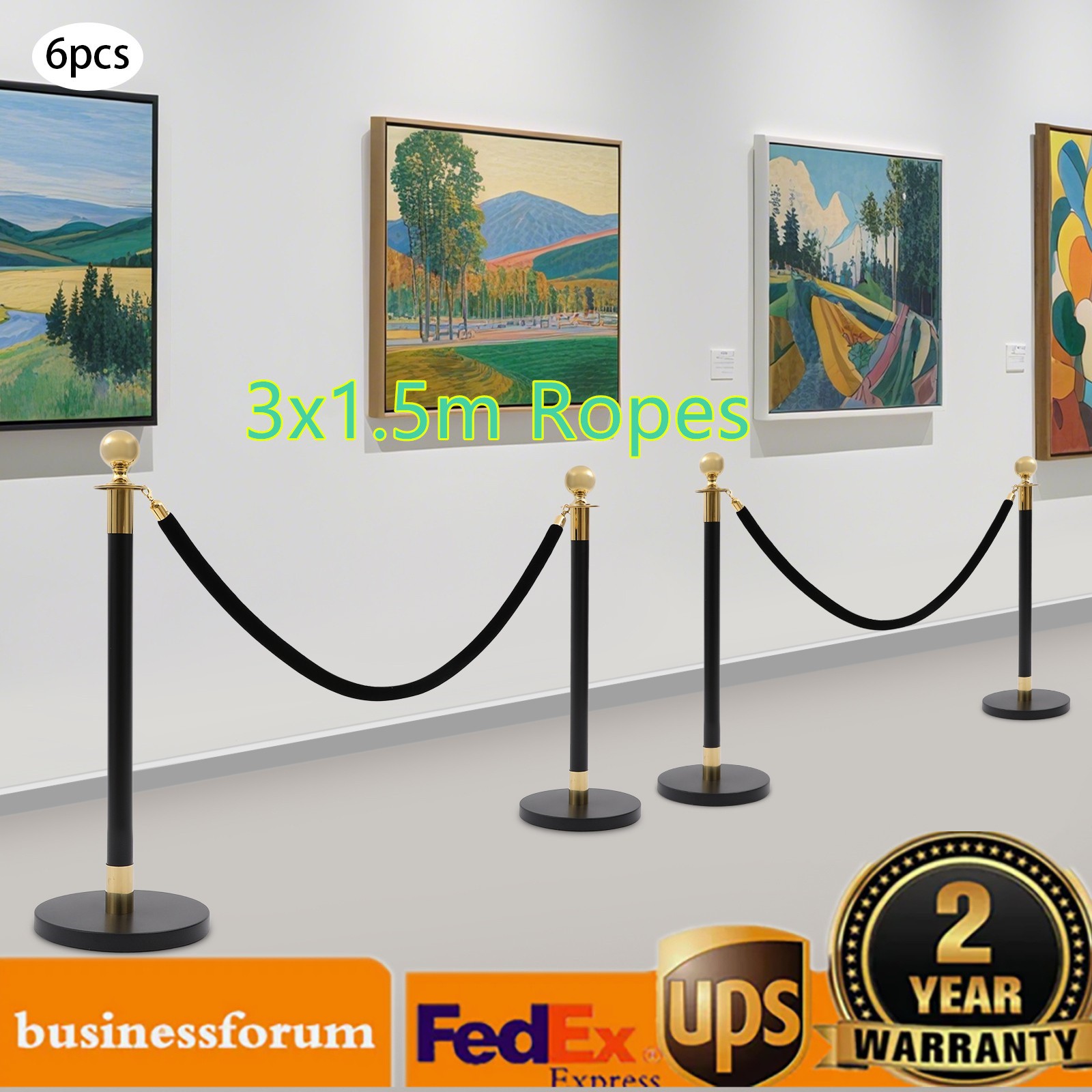 6x Gold+Black Stanchion Posts Queue Pole with 3 1.5M Ropes Crowd Control Barrier