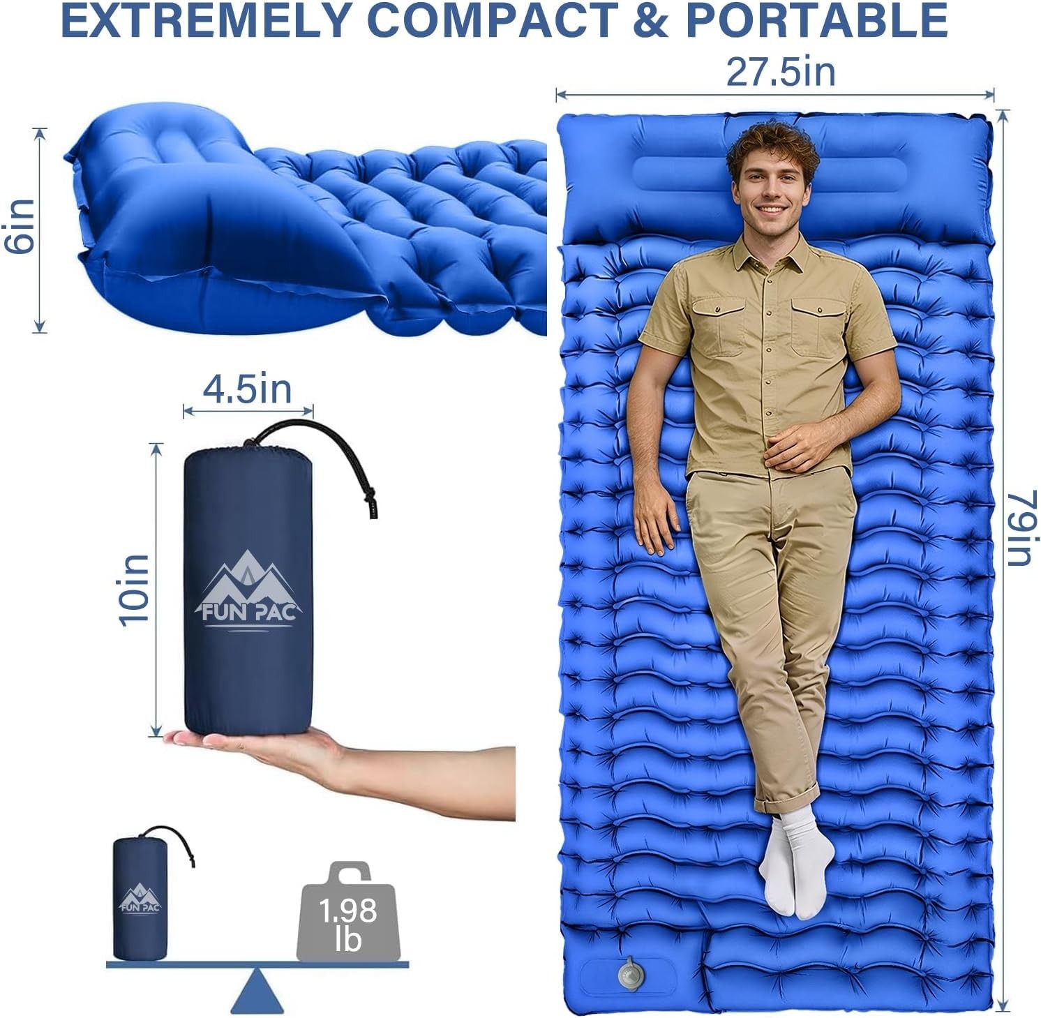 Lightweight Inflatable Camping Mat with Built-in Pillow & Quick Inflate, Twin