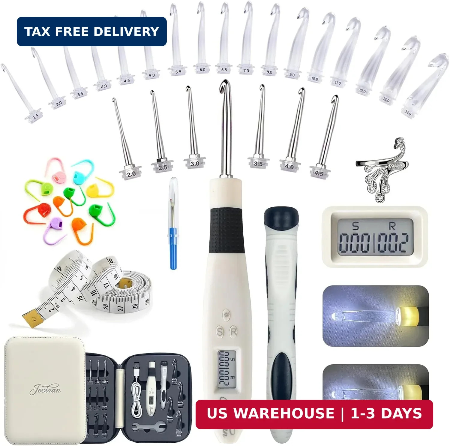 Jeciran 24 Interchangeable Heads Light Up Crochet Hook Set with Digital Stitch C