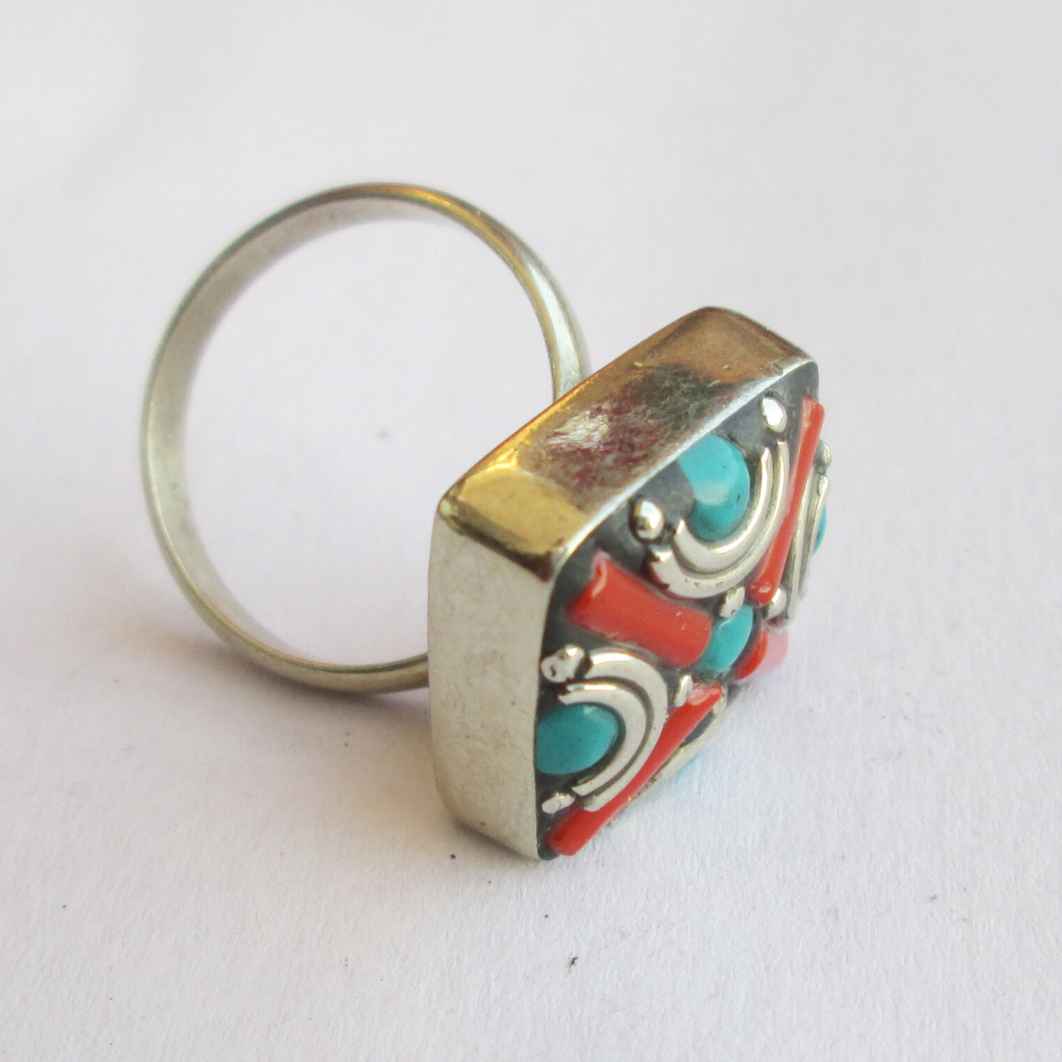 Tibetan Silver Turquoise Red Coral Original Jewelry Adjustable Unisex Ring R43