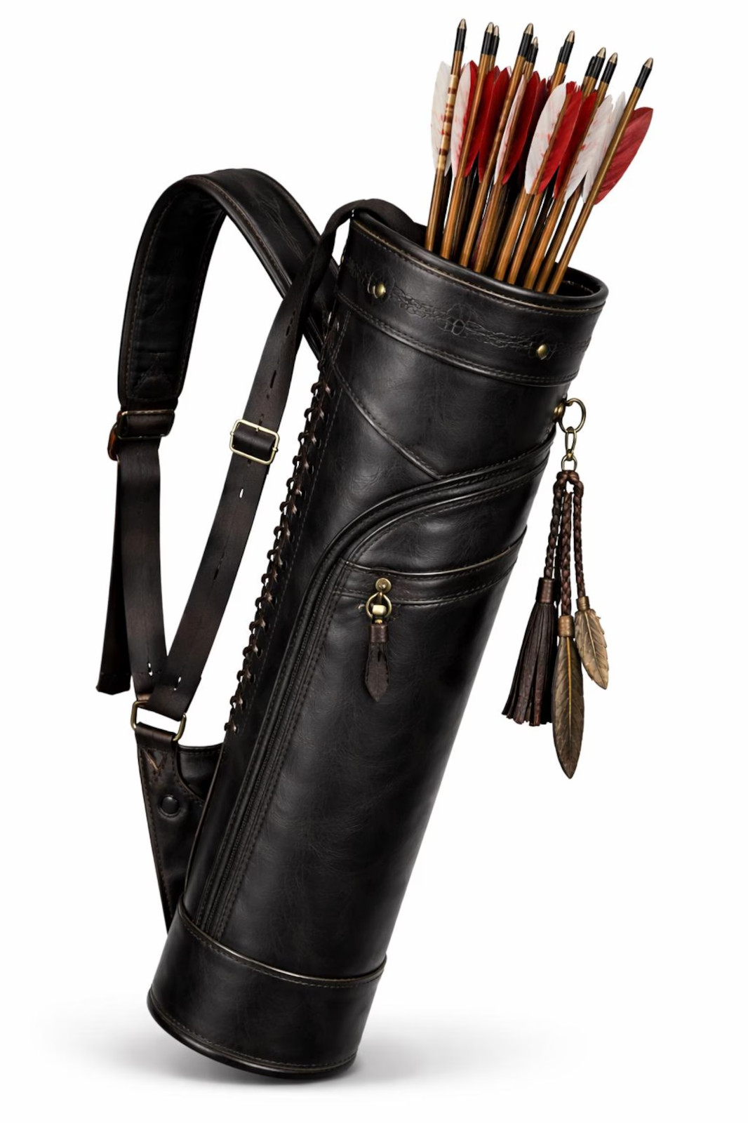 Black leather archery quiver - Handmade adjustable arrow holder - Traditional