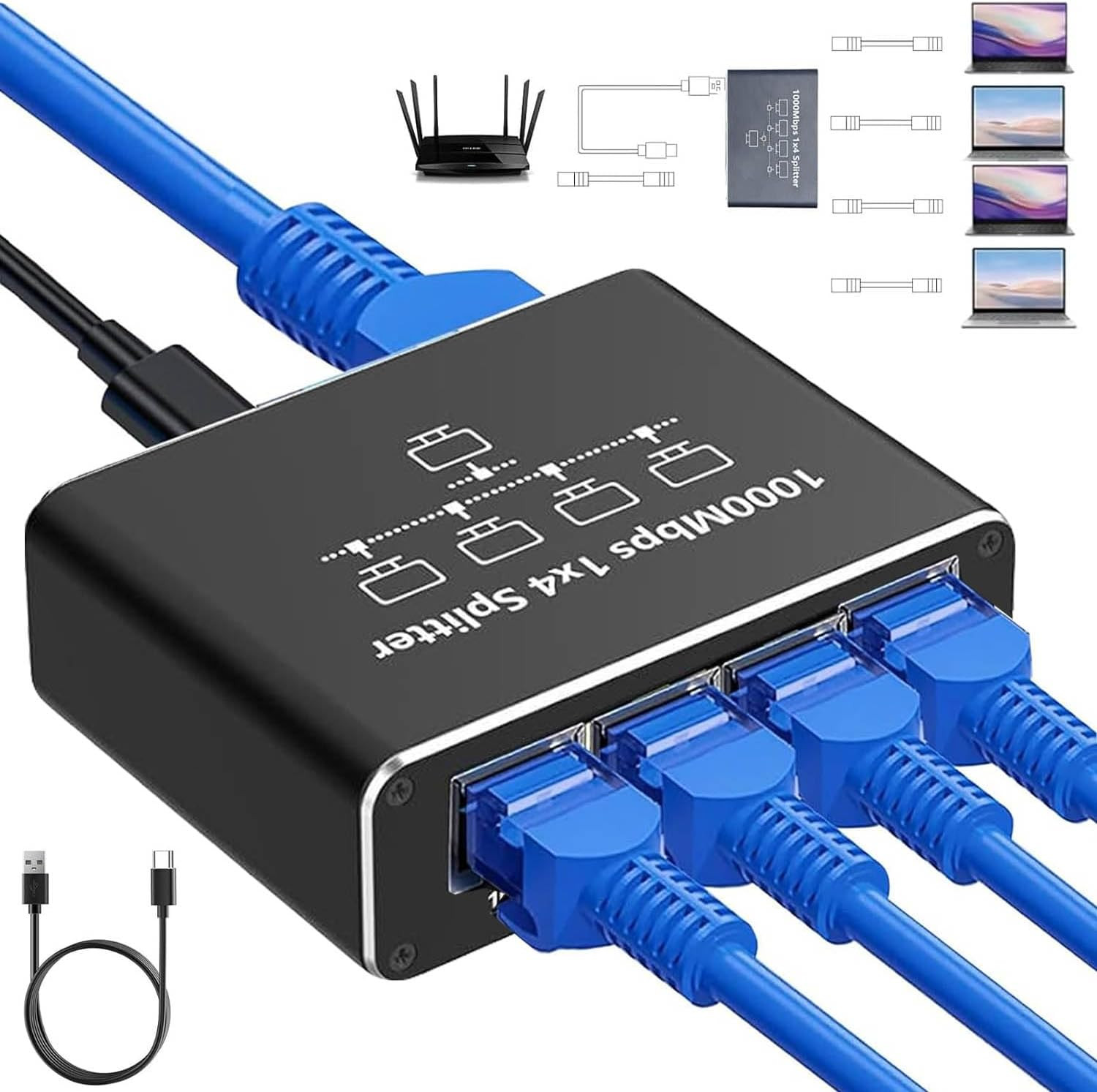 Gigabit Ethernet Splitter 1 to 4, 1000Mbps RJ45 Network Ethernet Switch Network