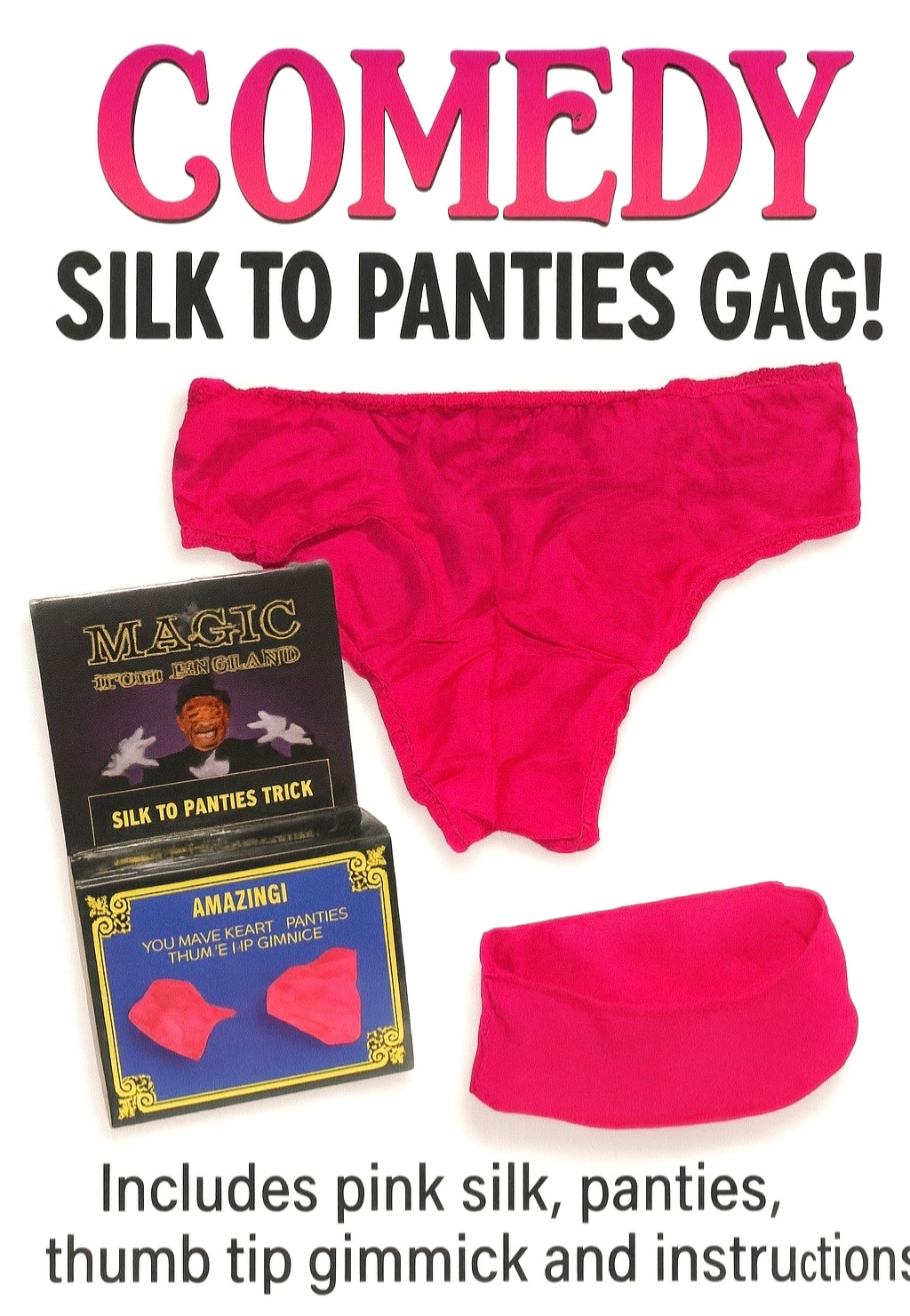Comedy SILK TO PANTIES Magic Trick + Thumb Tip Set Pink Hanky Changes Panty Joke