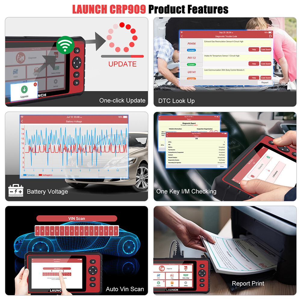 LAUNCH X431 CRP909 OBD2 Scanner Car Diagnostic Tool Full System Key Coding ABS