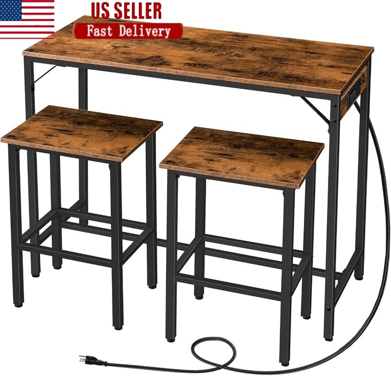 Industrial Bar Table W/ USB Outlets Space Saving Kitchen Furniture Set