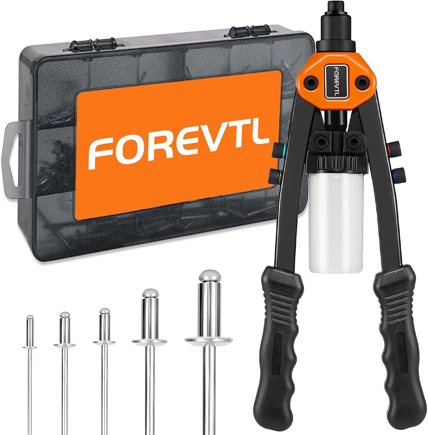 1/4" Pop Rivet Gun Kit, 210 Rivets, 5 Heads, 13" Heavy Duty Hand Riveter