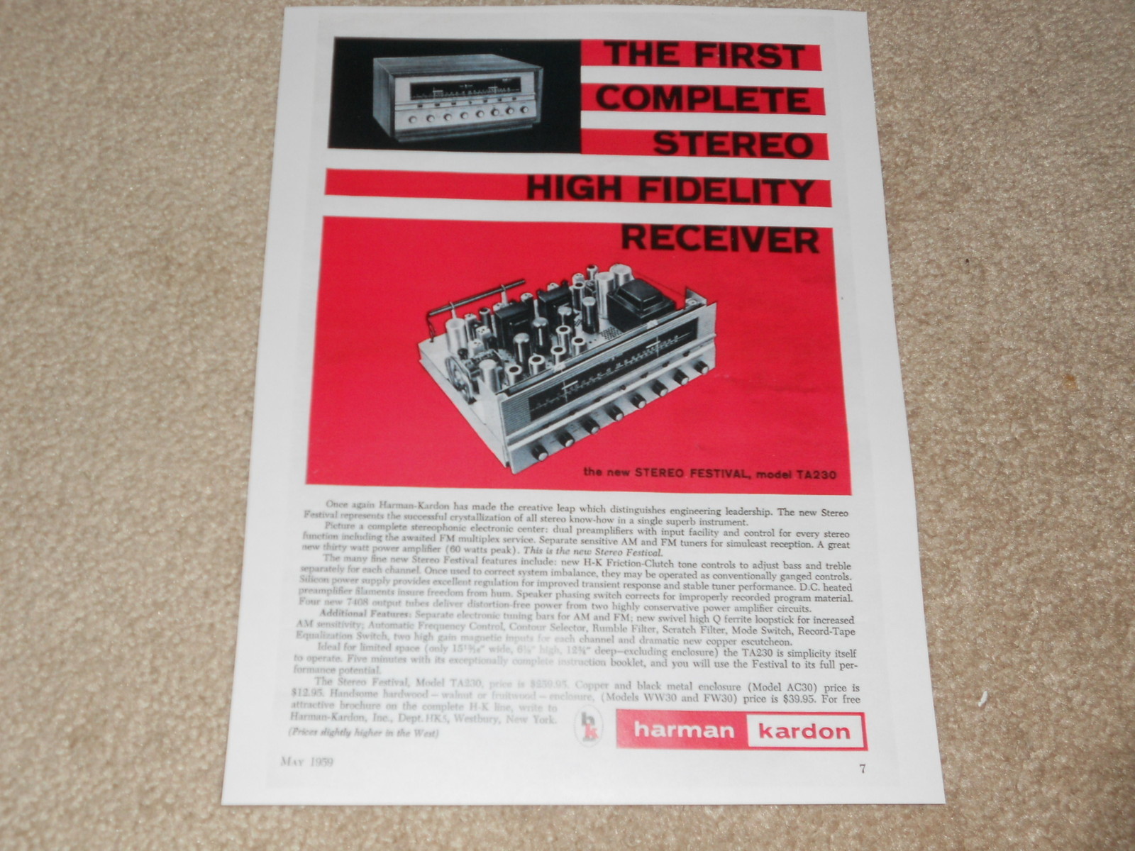 Harman Kardon Stereo Festival Tube Receiver Ad, 1959, 1 pg, Articles, TA230