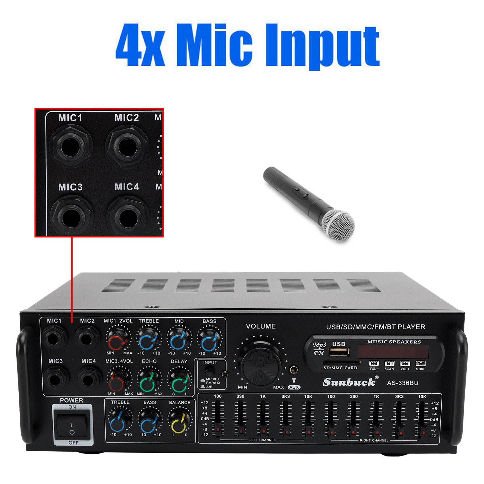 SUNBUCK 400W RMS 2000W Peak Stereo Amp BT 5.0 USB/SD FM Mic Inputs Home Car
