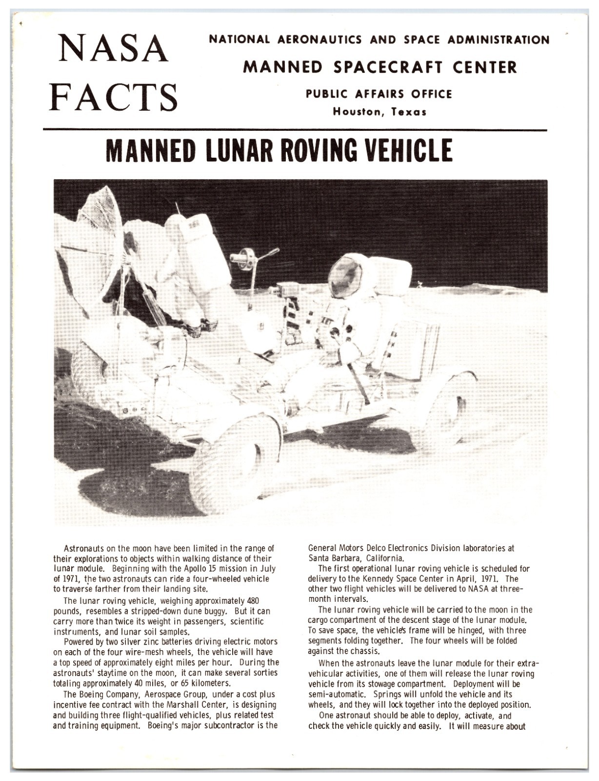 NASA Facts - Manned Lunar Roving Vehicle Packet (Public Affairs Office Papers)