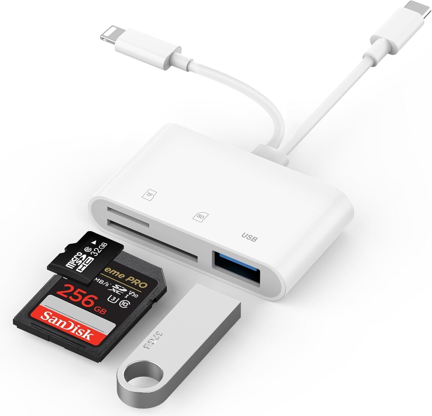 SD Card Reader for iPhone, iPad, USB C Lightning Dual Port White