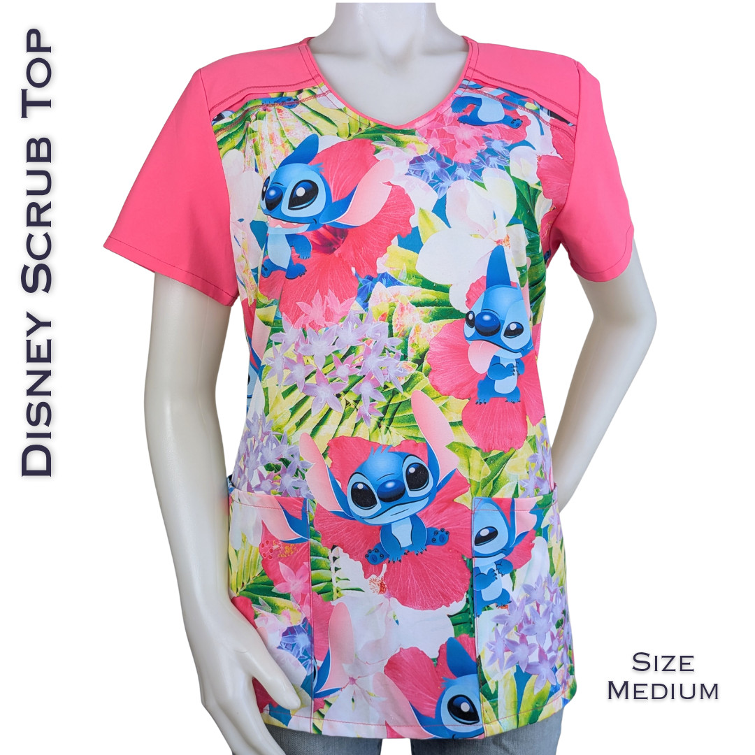 Disney Lilo & Stitch Scrub Top Womens Medium Pink Blue Tropical Floral Nurse