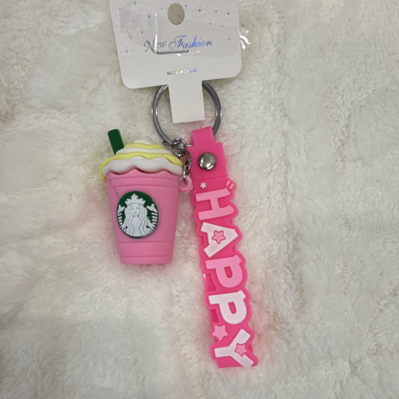 Starbucks Happy Cup Keychain Pink Plastic Detachable Keyring Modern Collectible