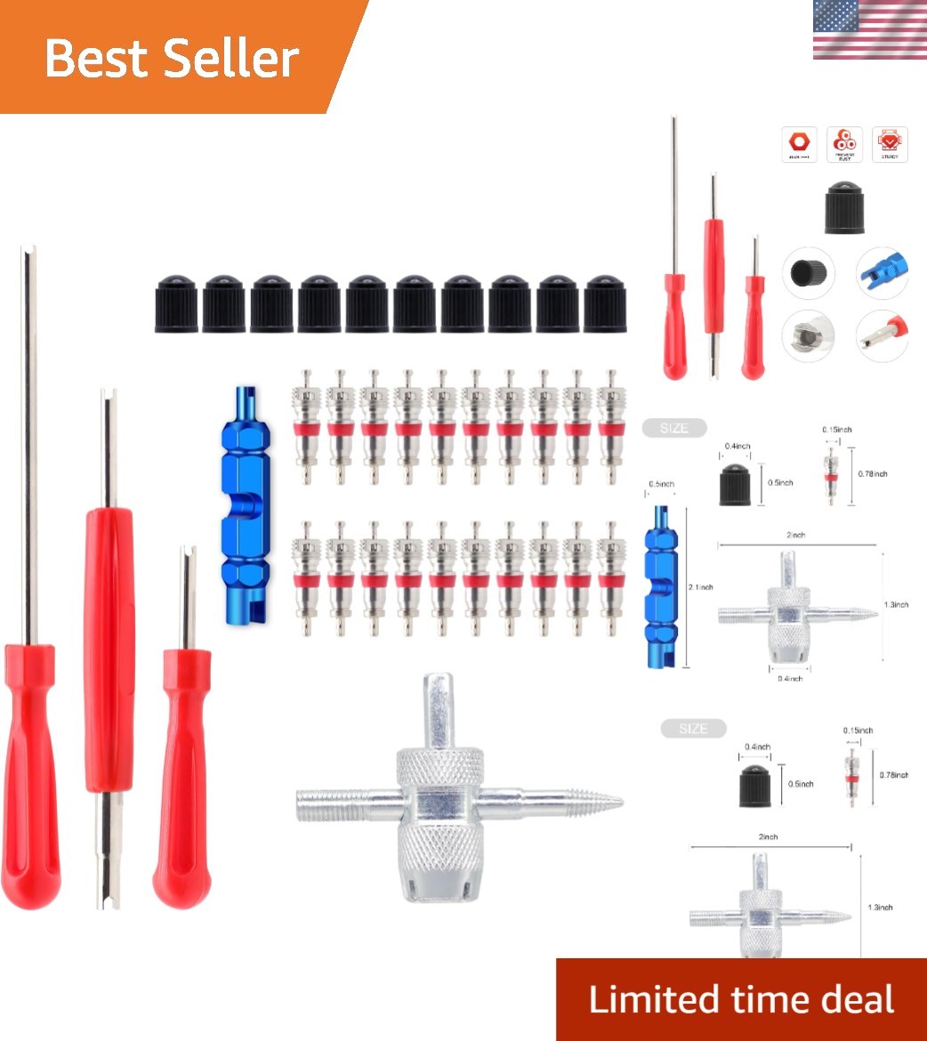 Universal Valve Stem Tool Set - 20 Valve Cores, 10 Caps & 4-Way Tool Feature