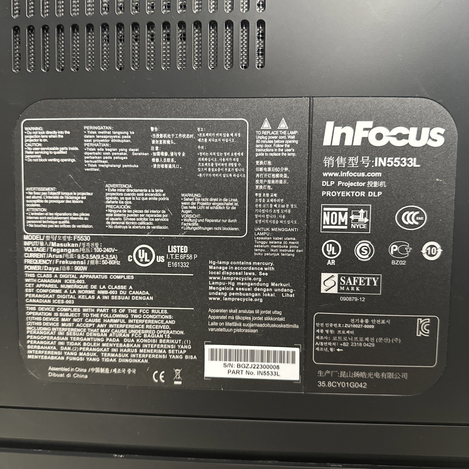 InFocus IN5533 IN5533L HD 720P WXGA 1280X800 Projector 6000 LUMENS!