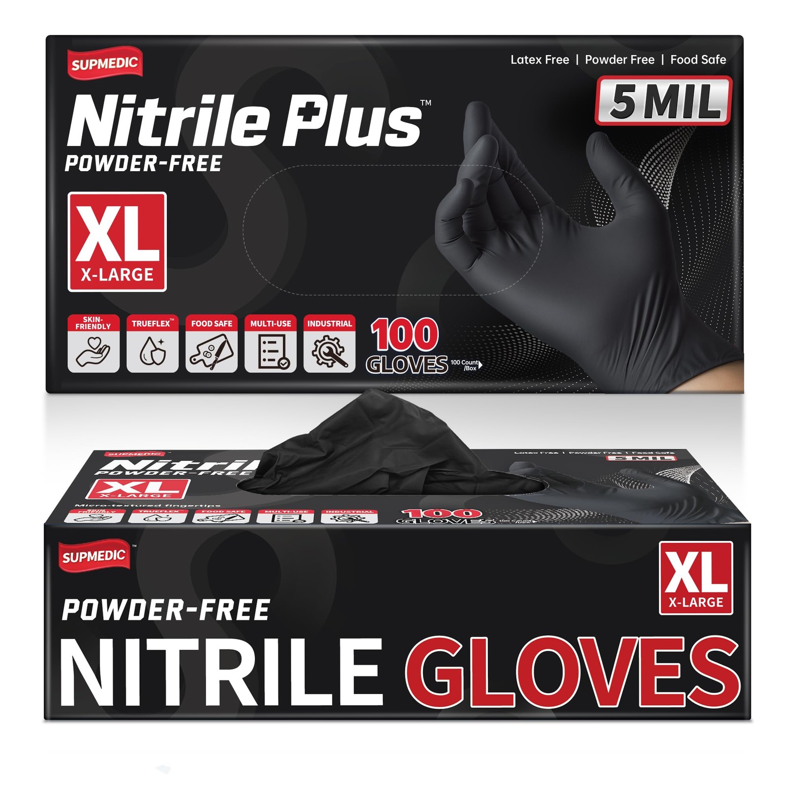 Supmedic Black Nitrile+ Disposable Exam Gloves, 5 X-Large, (Black) X-large