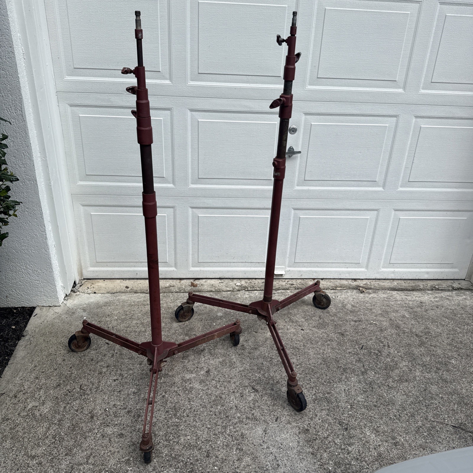 Vintage Pair Industrial Movie Lighting Stands On Wheels As Is