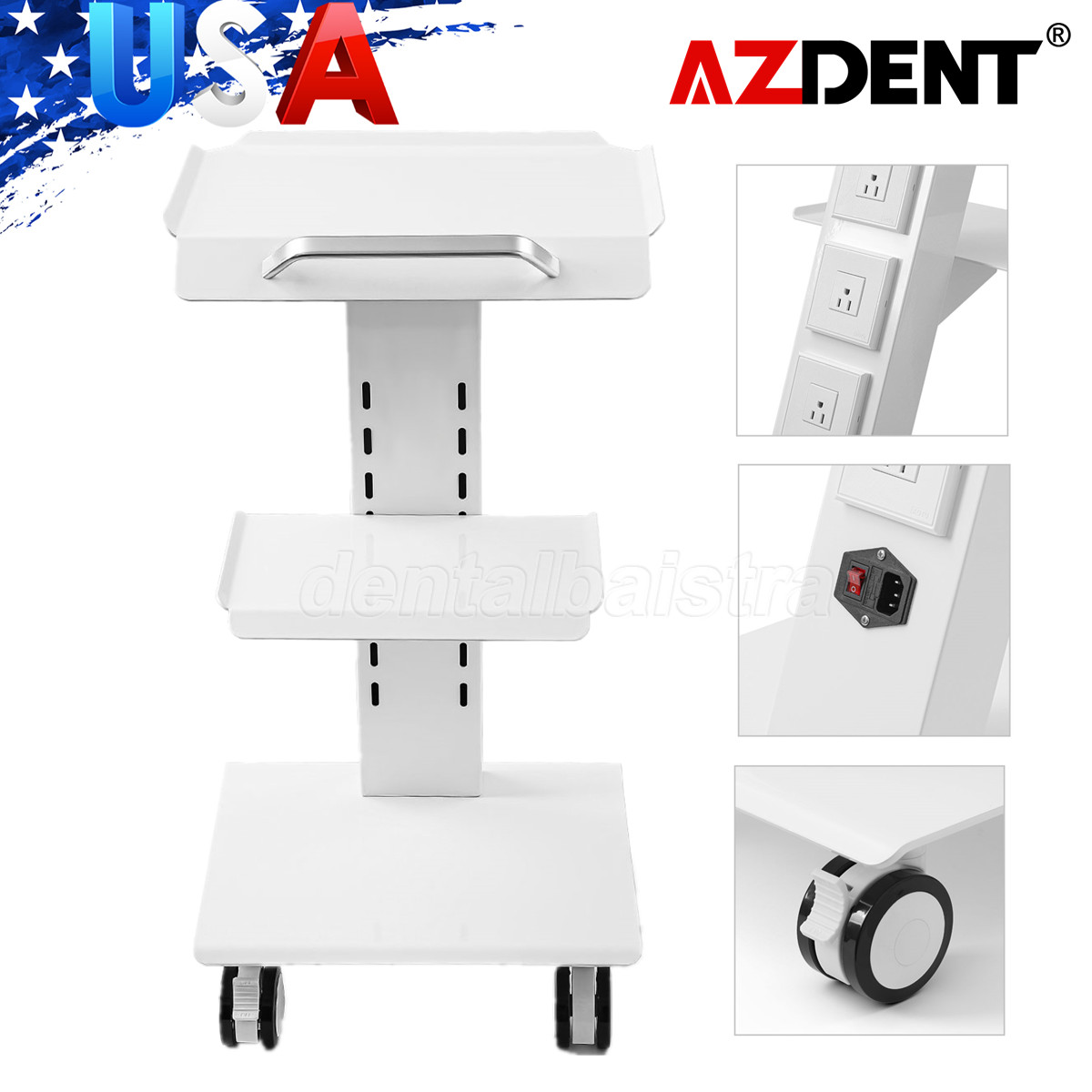 AZDENT Dental Medical Cart Built-in Socket Tool Mobile Instrument Trolley