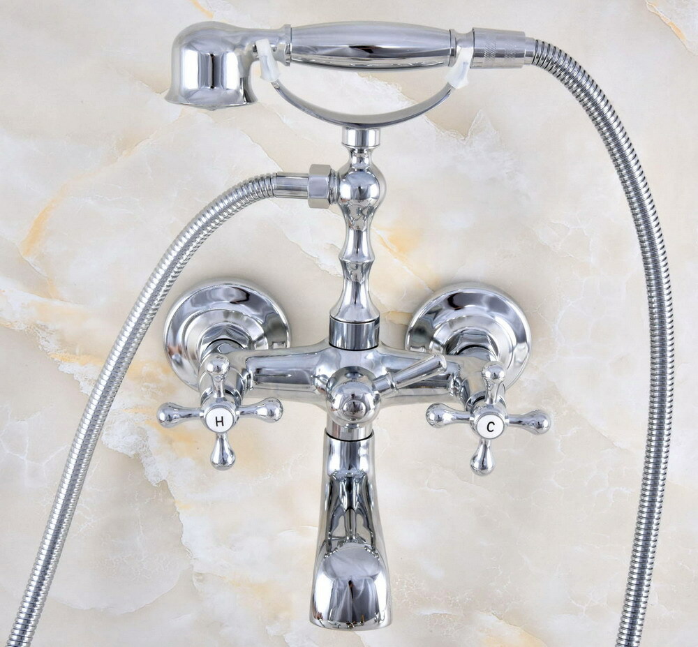 Polished Chrome Wall Mount Clawfoot Bath Tub Faucet with Hand Shower Mixer Tap