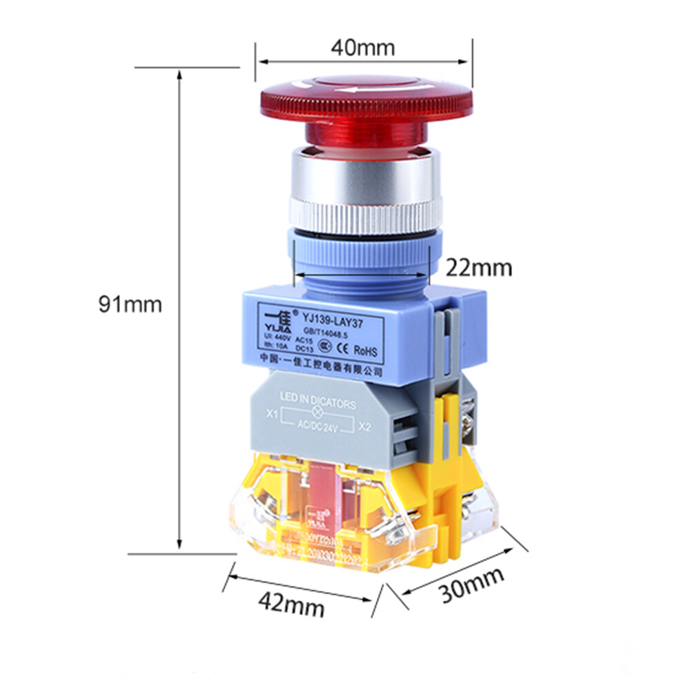 Red LED Illuminated 22mm E-STOP Switch Emergency Stop Push Button Switch 12-220V