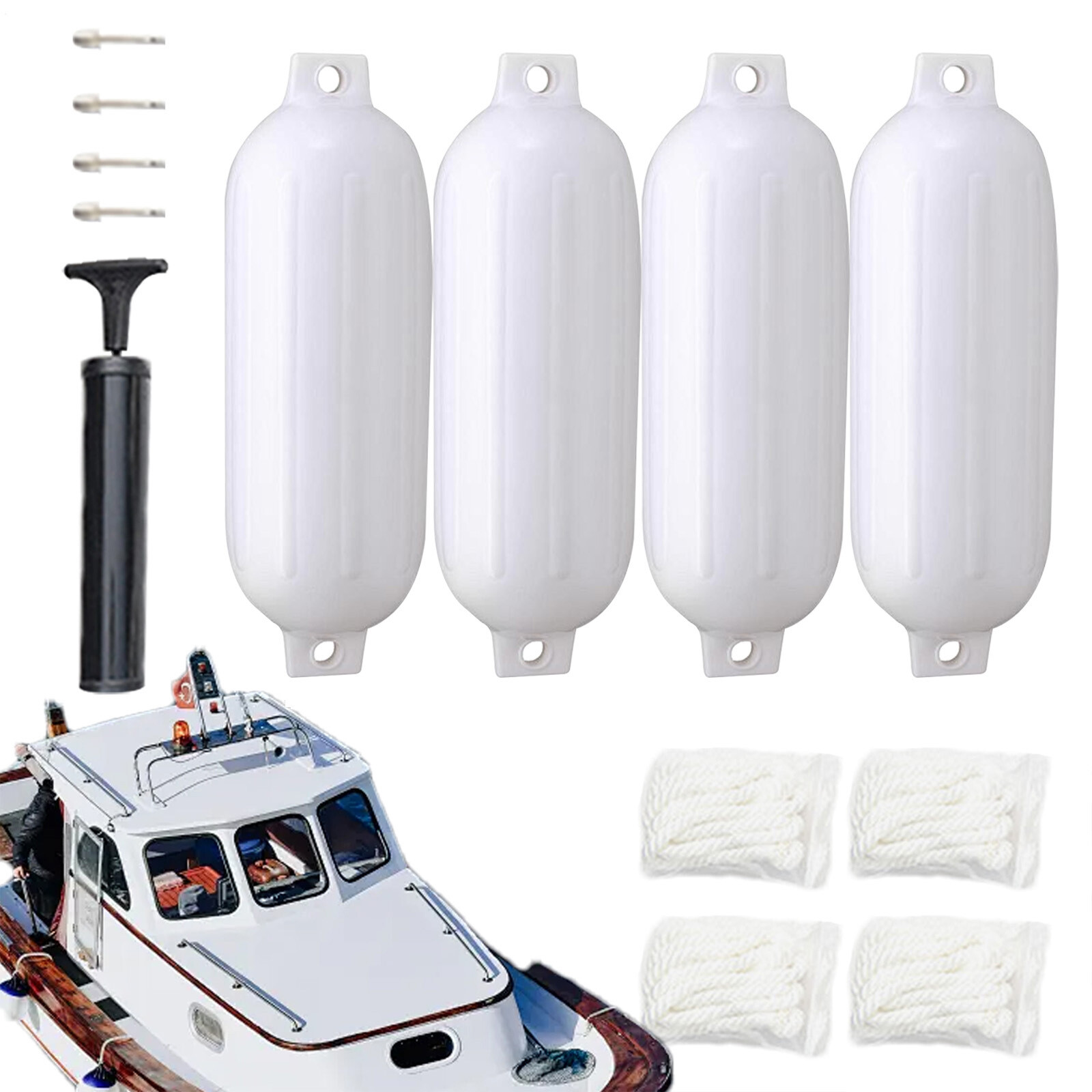 4 NEW Ribbed Boat Fenders 10" x 30" White Center Hole Bumpers Mooring Protection