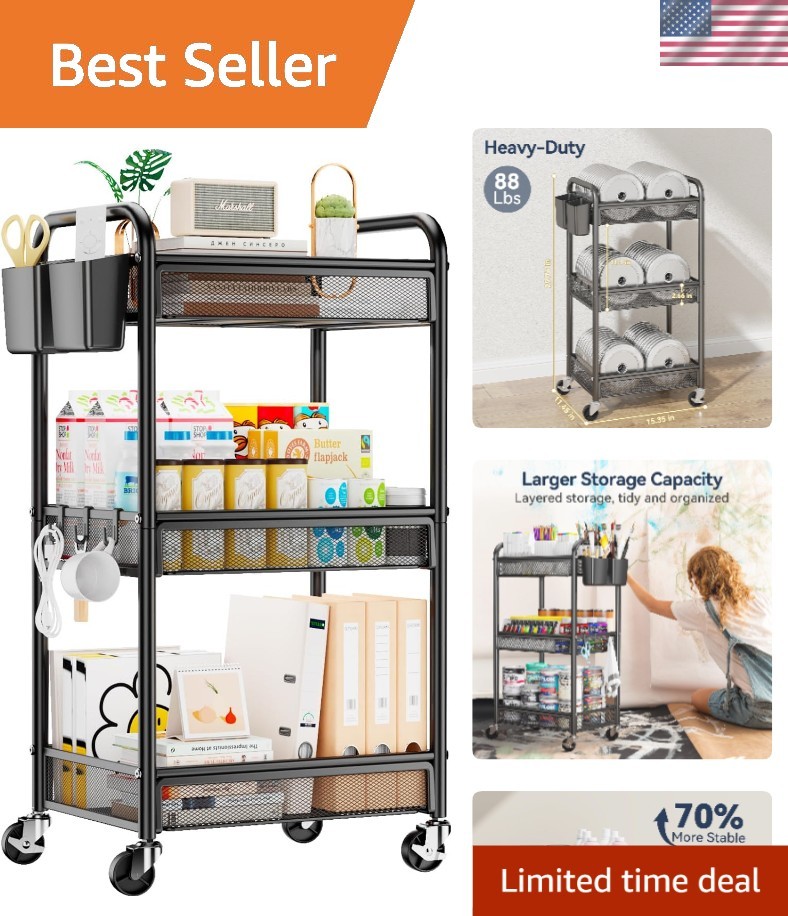 Rolling Cart Metal Storage Cart with Hooks Mesh Baskets for Kitchen Office Be...