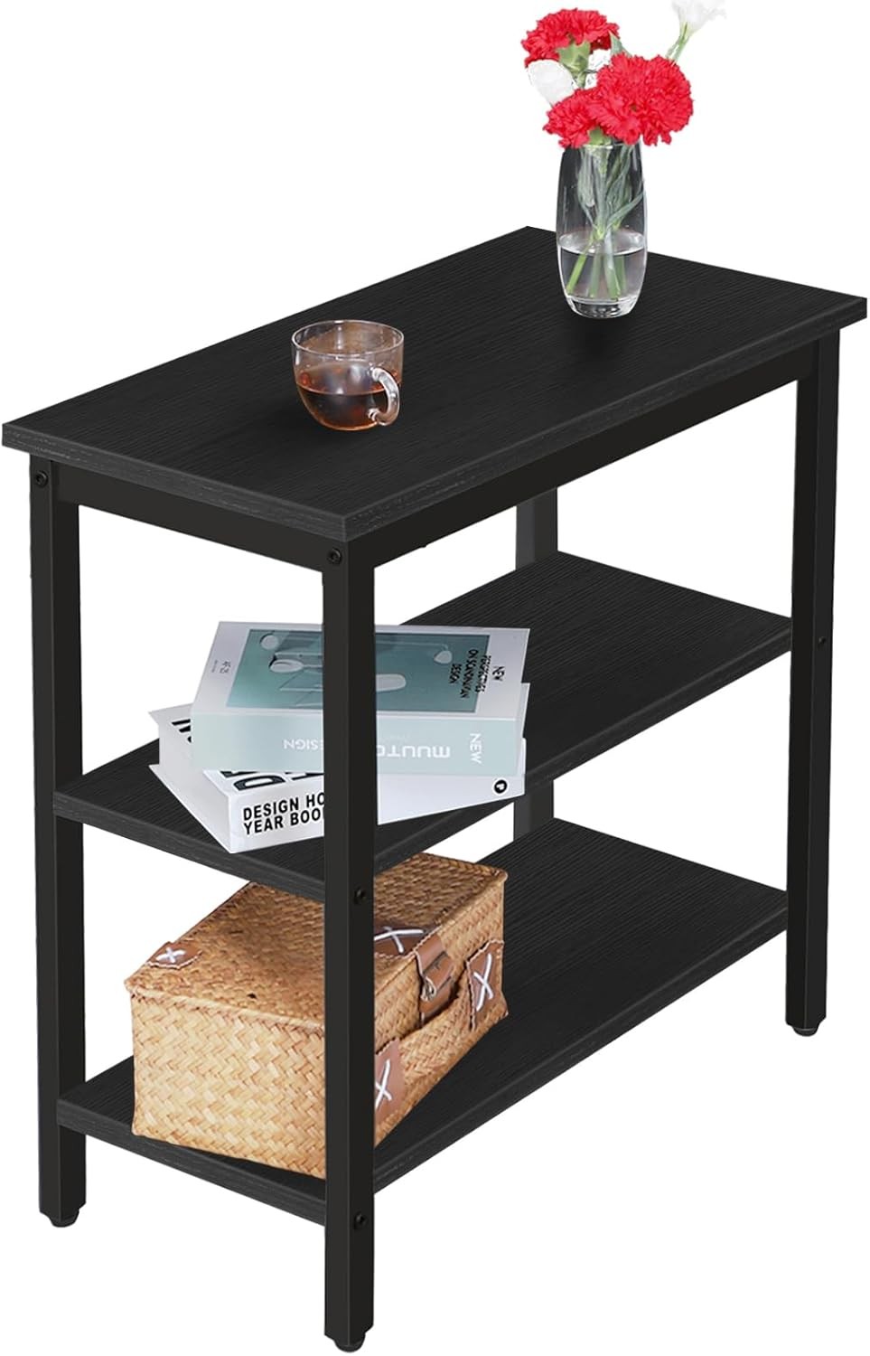 End Table Simple Rustic Side Table W/ 3-Tier Storage Shelf Narrow Nightstand