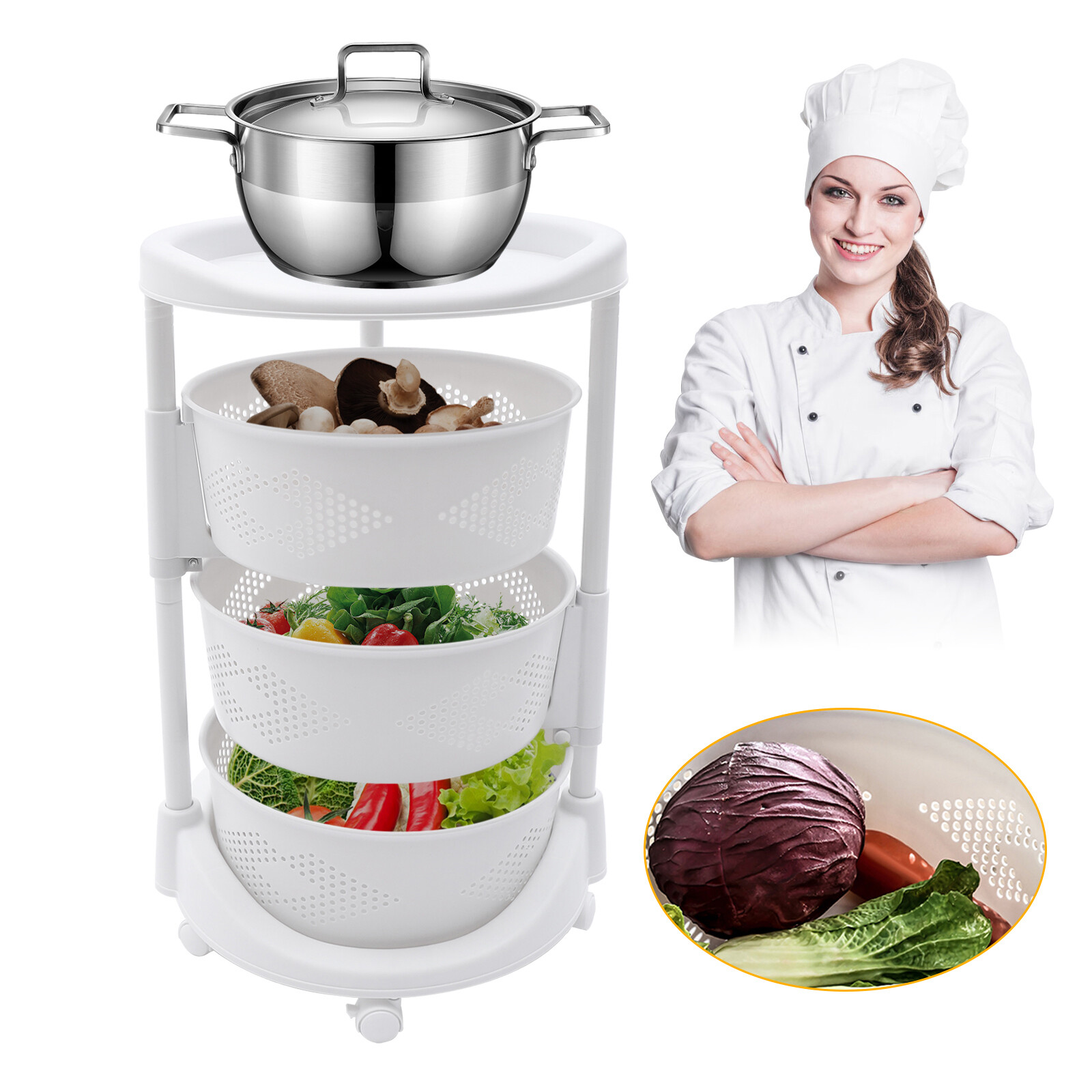 Kitchen Storage Cart Rotating Basket Vegetable Rack Multi-Layer Storage Shelves