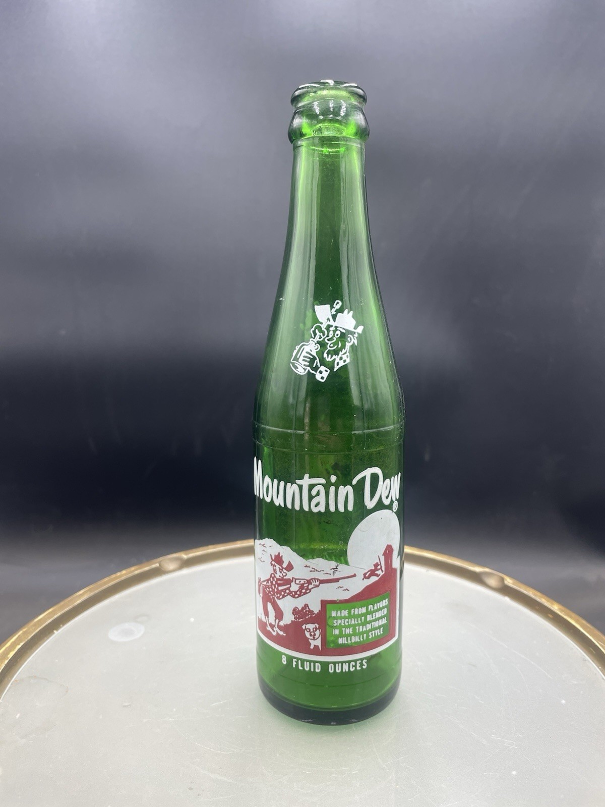 Vintage Mountain Dew Hillbilly Bottle Tickle Yore Innards Rare 8 Fluid Ounces VG