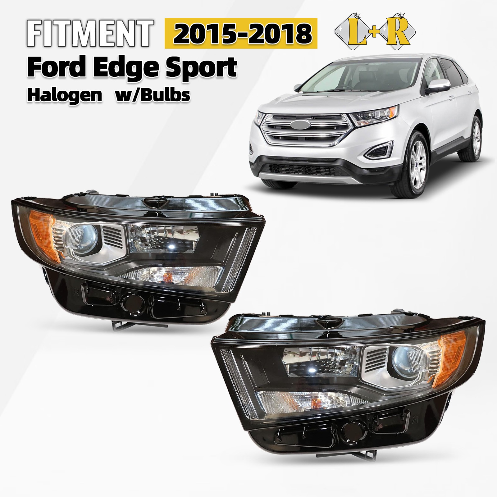 Halogen Headlight For 2015-2018 Ford Edge Sport Black w/Bulb Left+Right Pair