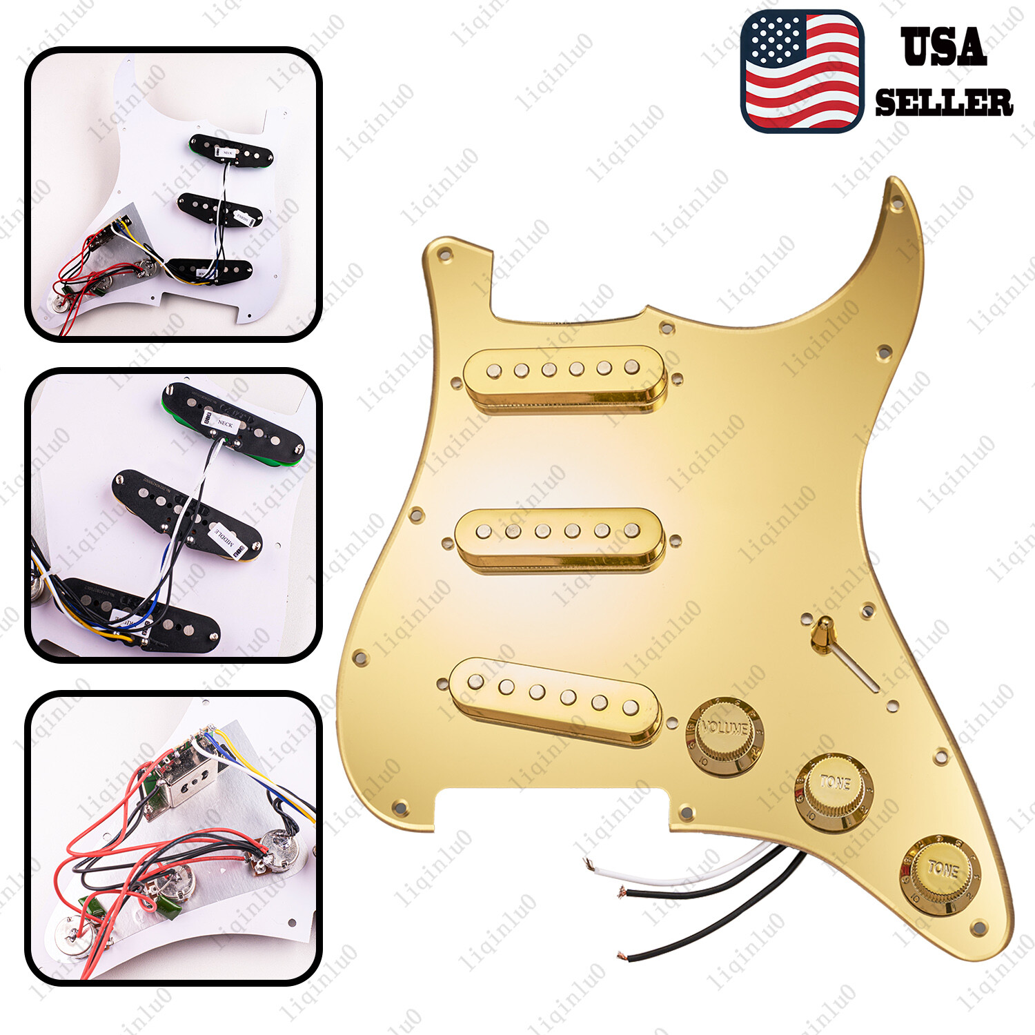 Prewired-Loaded SSS Pickguard Alnico V Pickups For Strat Gold Mirror&Gold