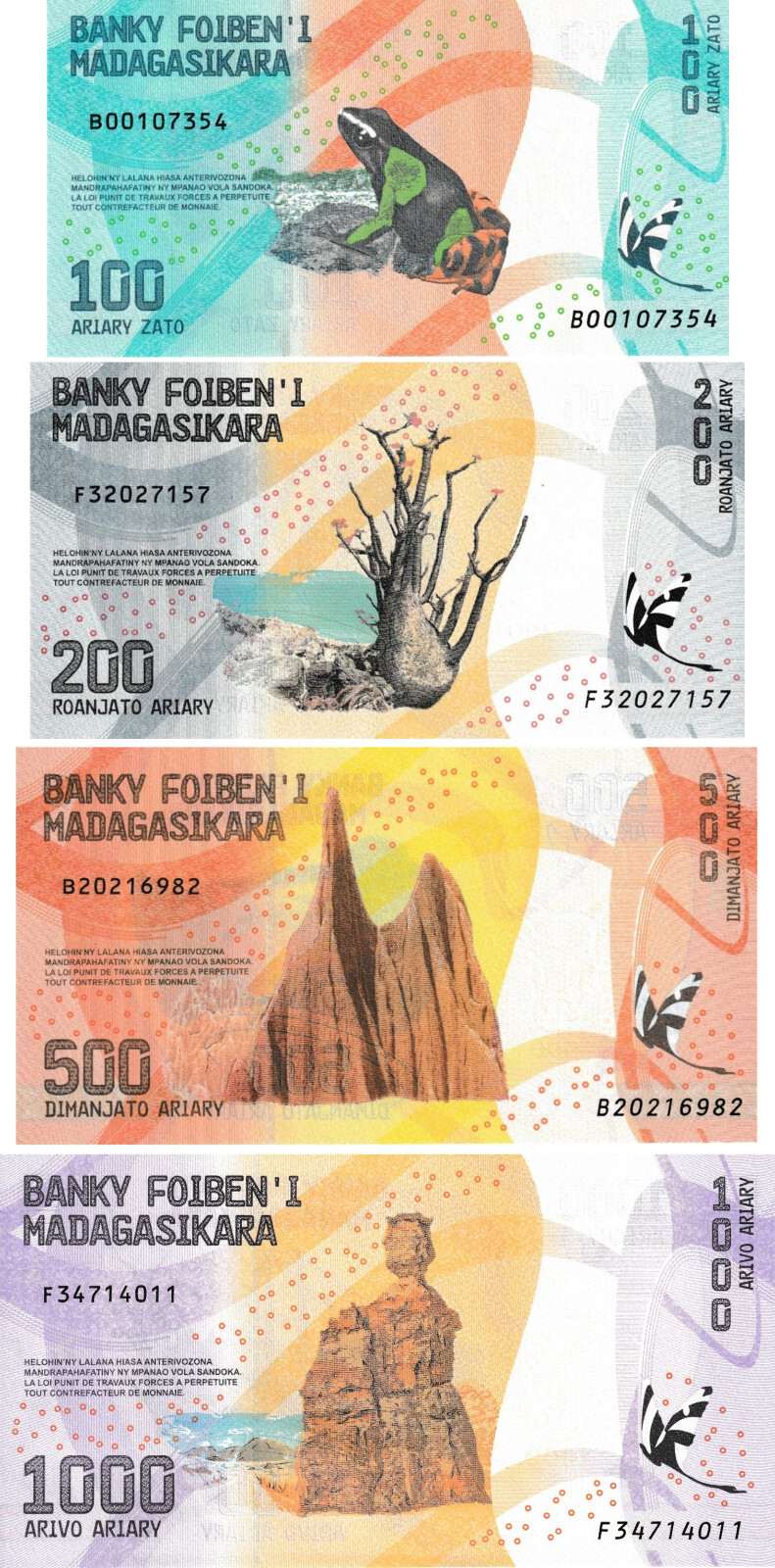 Madagascar Set 100, 200, 500, 1000 Ariary, 2017, Uncirculated, 4 Note Set