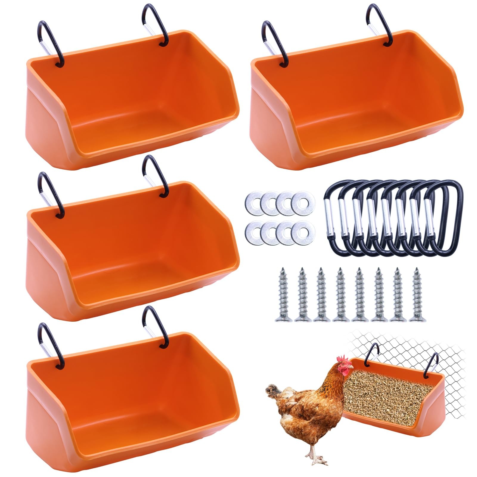 4 Pack Fence Hanging Chicken Feeder Trough With Clips For Livestock Orange New