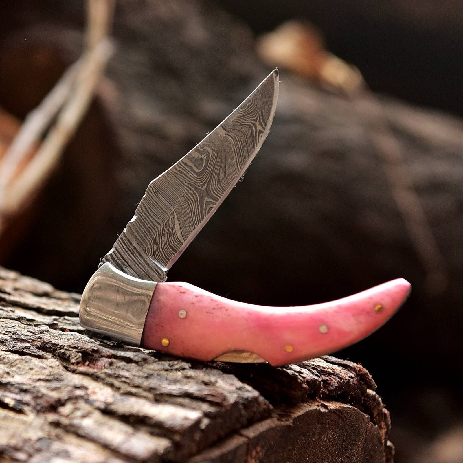Real Damascus Steel Foldable Blade Pocket Knife Original Camel Bone Handle Pink