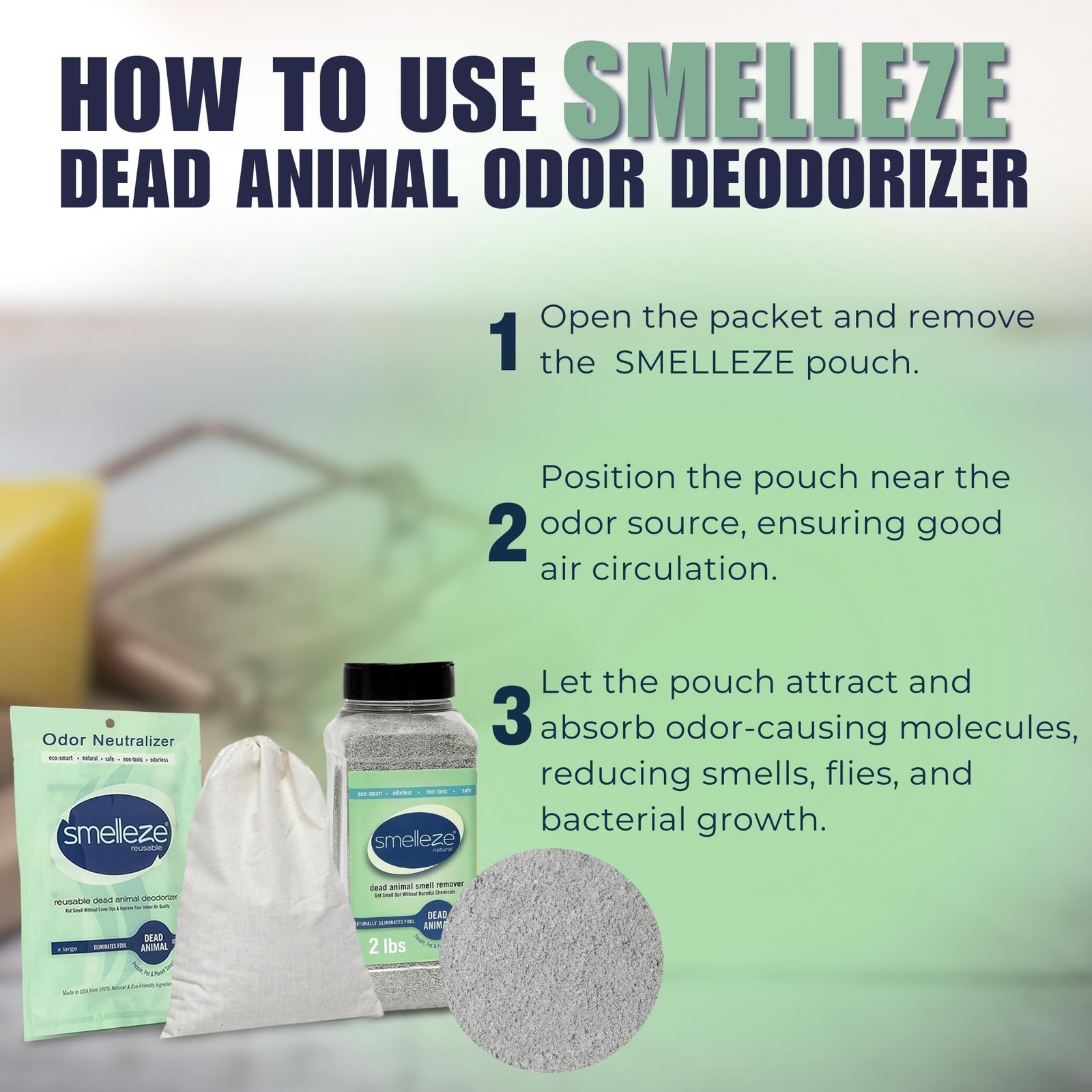 SMELLEZE Ultimate Odor Removal Bundle – 2 lb. Granules + 1 Reusable Pouch