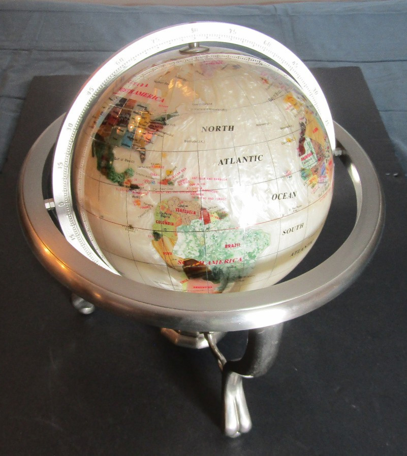Mother of Pearl Ocean Globe Brushed Nickel Gemstone w/Stand & Compass ,Large 14"
