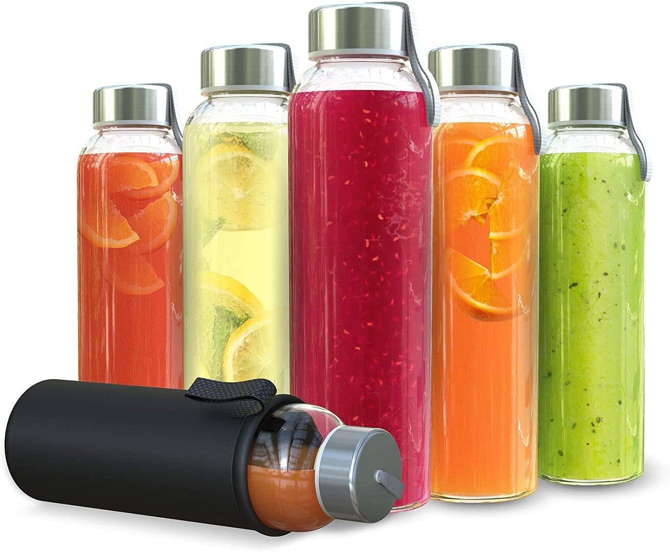 18oz Clear Glass Water Bottles with Sleeve Leakproof Steel Lid Set of 6