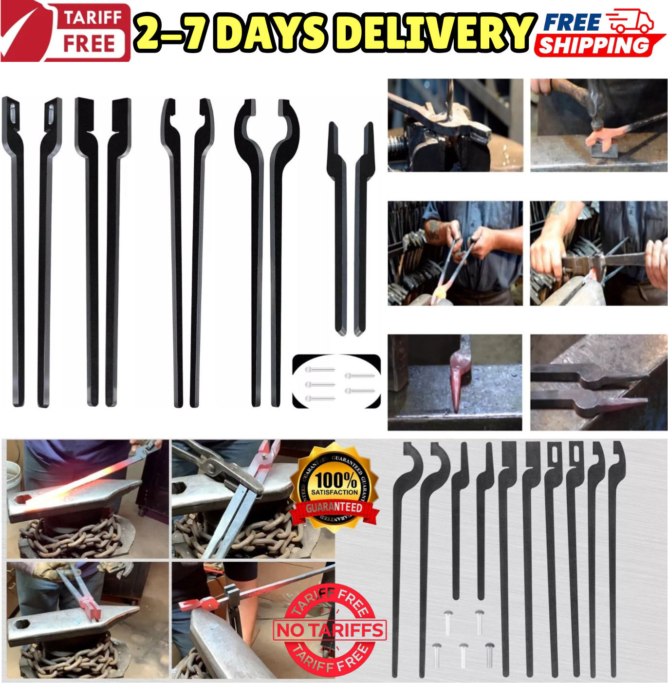 Steel Rapid Tongs Set Bolt, Flat, Slot, V-Bit, Scroll Tongs Blacksmith Forging