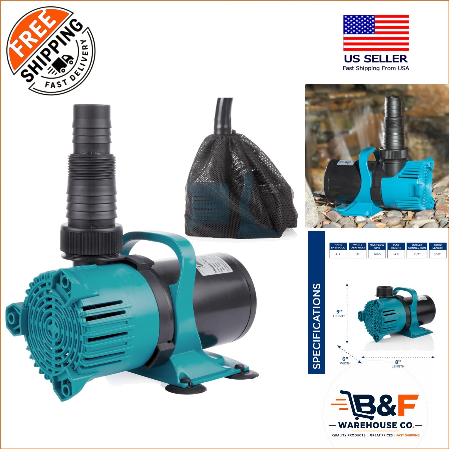 Ultra-Quiet 3000 GPH Vortex Pump: Perfect for Ponds, Fountains & Water Gardens