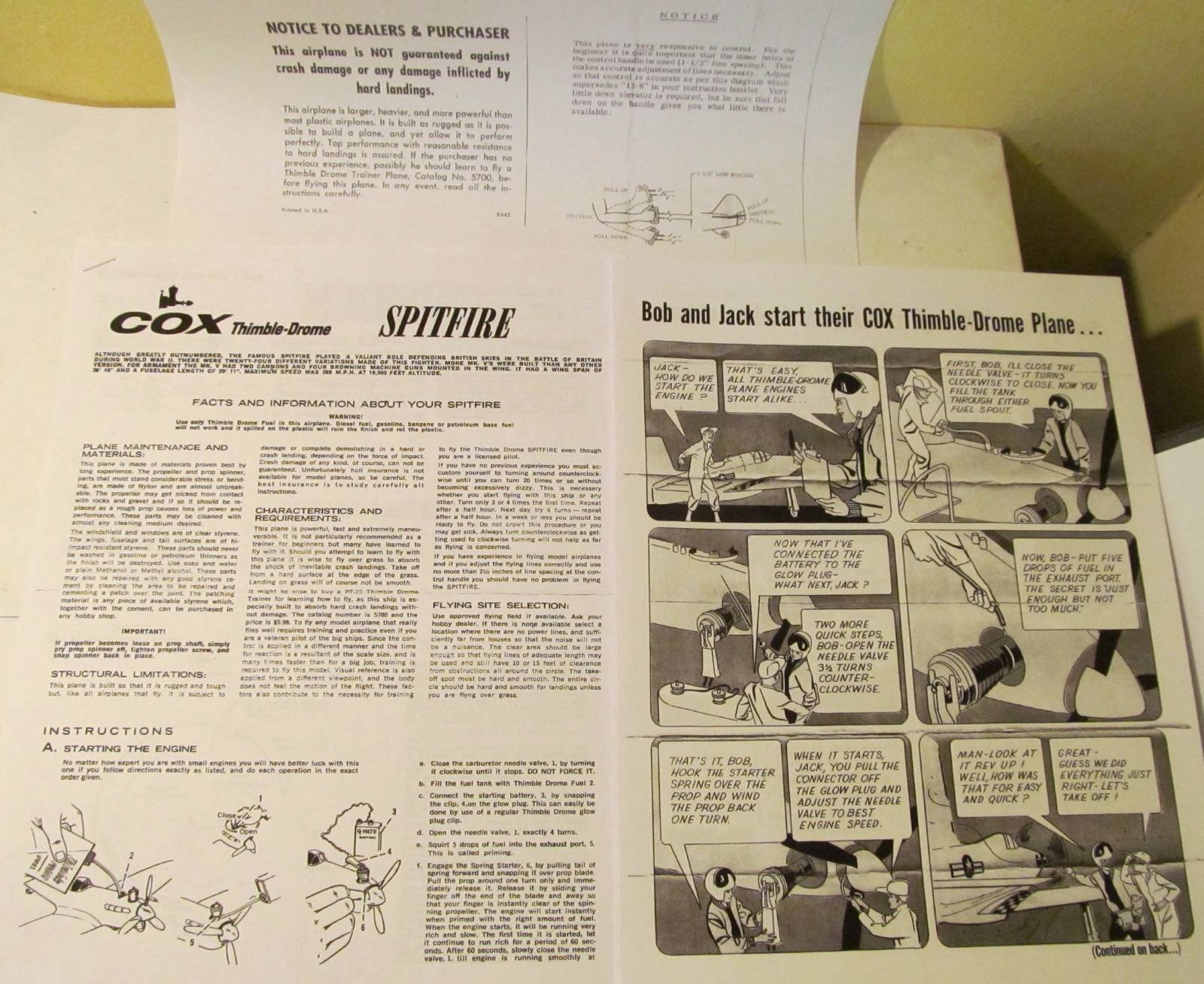 Cox Spitfire Photocopies 4 Page Instruction Sheet, Flying Instr. Cartoon, +More