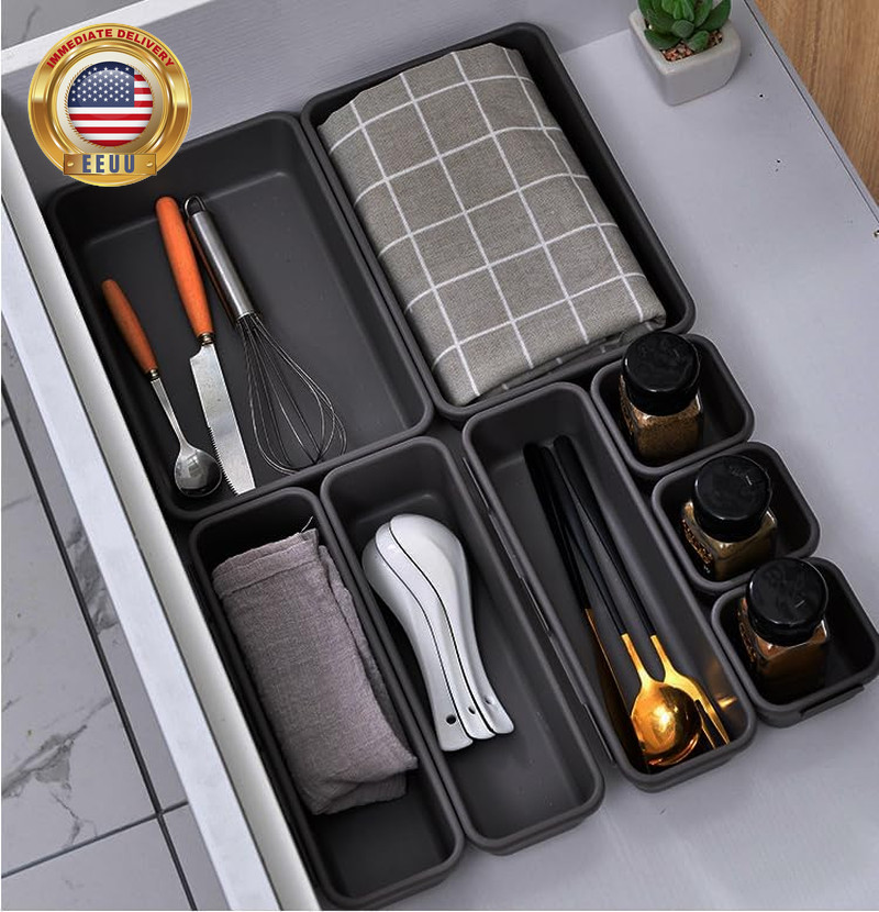 8PCS Plastic Interlocking Drawer Organizer, 3 Sizes Versatile Desk Drawer Organi
