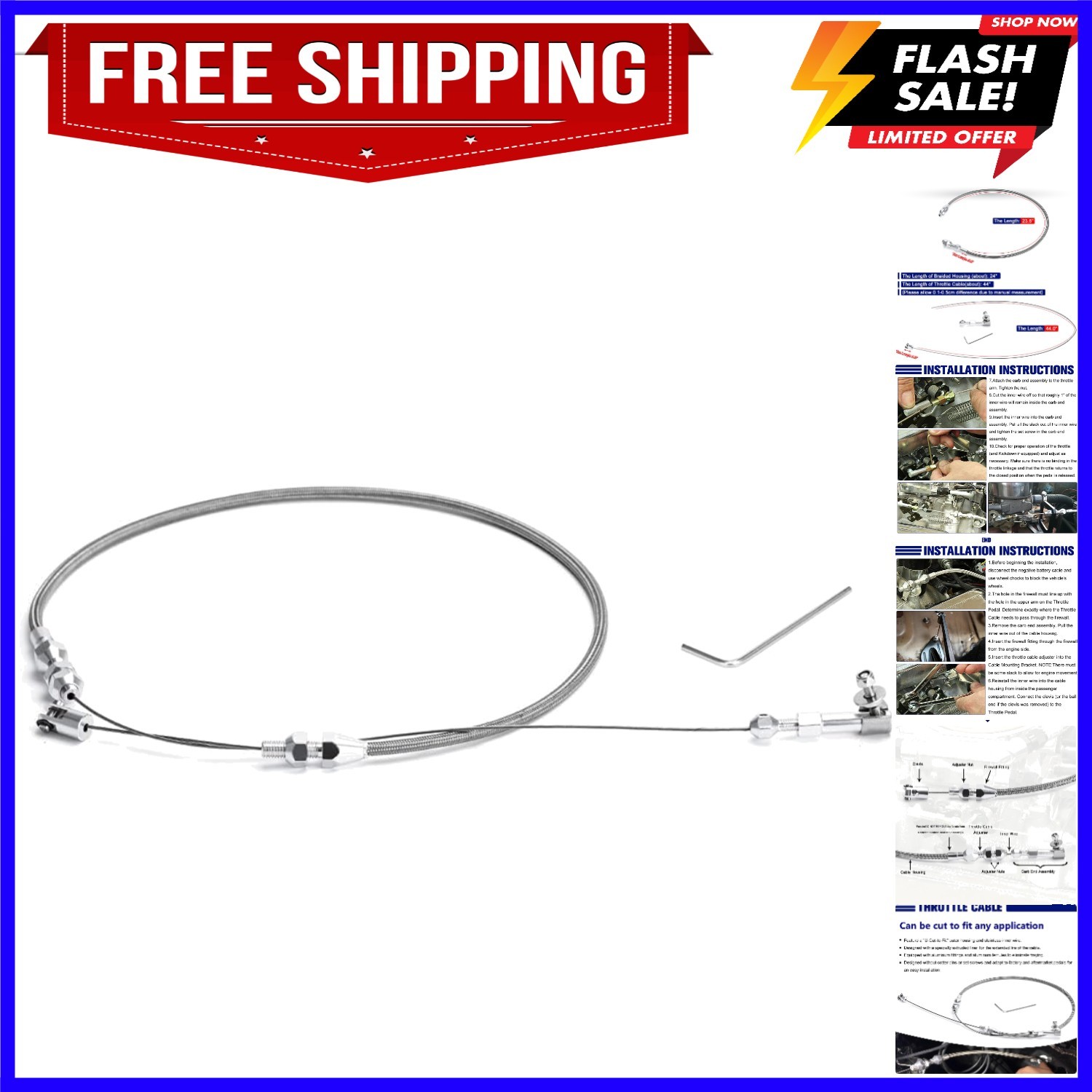 24" Univeral Throttle Cable Kit Stainless Steel Braided Adjustable Automotive...