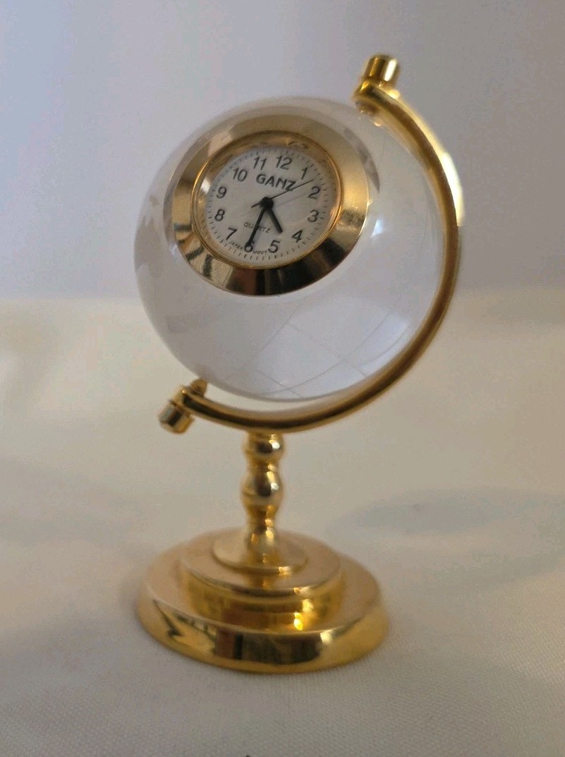 Vtg Crystal Etched Spinning Miniature Globe w/Clock Ganz Quartz Gold Toned Stand
