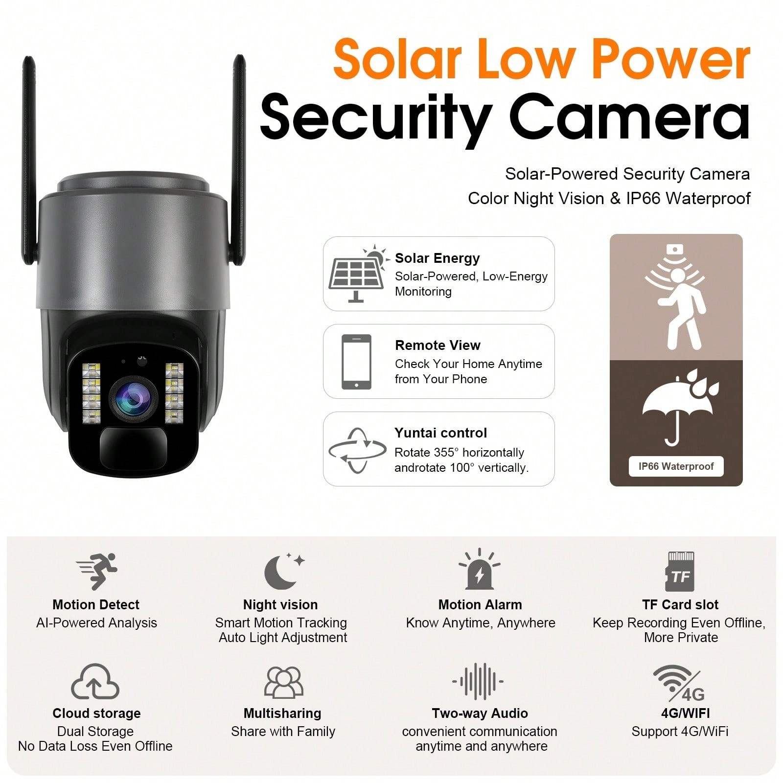 Solar Powered 1440P Wireless Security Camera PTZ 2 Way Audio Night Vision